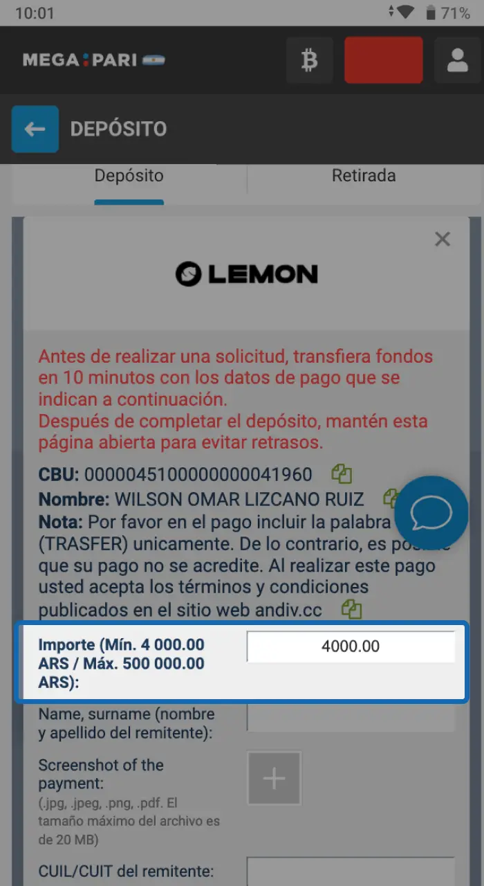 Escribe la cantidad que deseas agregar a tu cuenta de Megapari.