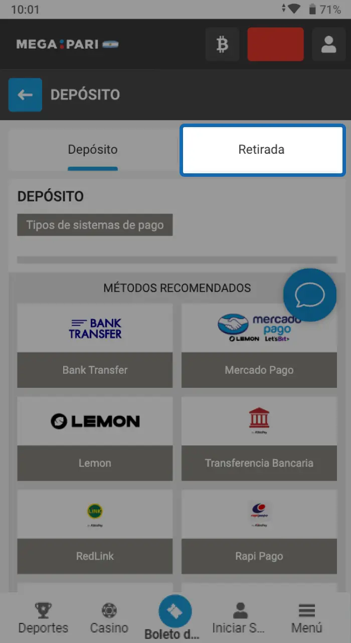 Selecciona el método de retiro que prefieras. Megapari ofrece varias opciones, como transferencias bancarias, monederos electrónicos y criptomonedas.