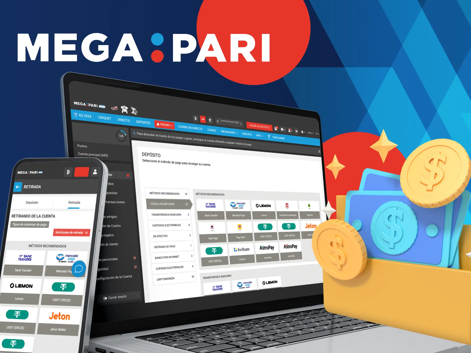 Nuestra plataforma acepta diversas monedas, facilitando tanto los depósitos como los retiros, además de proteger a nuestros usuarios contra fraudes. La moneda base es el euro, aunque también aceptamos pagos en pesos argentinos mediante Rapipago y Pago Fácil, con un depósito mínimo de 500 pesos argentinos. Megapari se distingue por sus múltiples opciones de pago, ofreciendo más de 20 tipos diferentes de criptomonedas (Bitcoin, Ethereum, Tron, USDT, etc.). Las alternativas para retirar dinero son igualmente variadas: puedes optar por transferencias bancarias, Enlace Rojo, Astropay, criptomonedas (Tron, Dux, LTC, etc.) y otras opciones, destacando que nuestra plataforma no cobra comisiones ni al depositar ni al retirar.